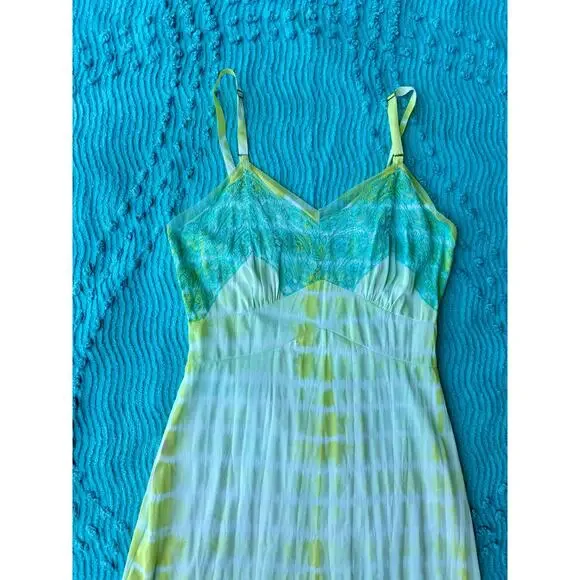 Vintage Reworked Shibori Tie Dye Slip Dress Lime Turquoise 90s Grunge Midi - Picture 4 of 9